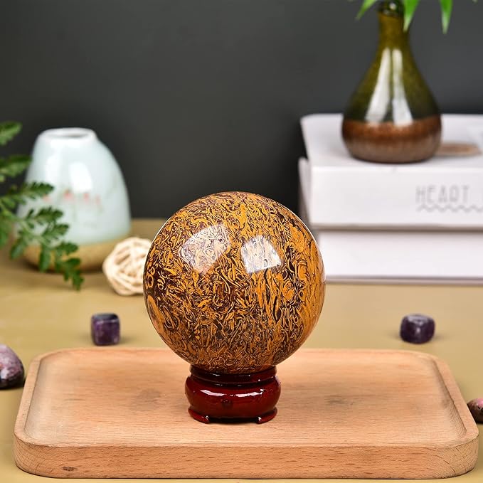 JIC Gem Real Natural Large Crystal Sphere Ball with Wooden Stand for Fengshui Golden Jade Healing Crystal Ball Decoation Meditation Energy Reiki Ball (100-110mm), 4-4.5inch