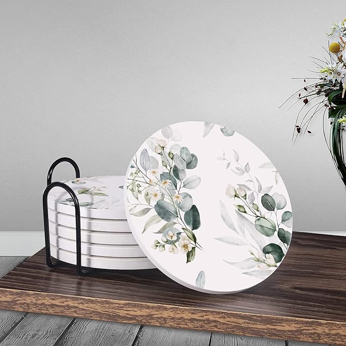 6Pcs Drink Coasters with Holder, Watercolor Green Eucalyptus Leaves Absorbent Ceramic Drink Coaster with Cork Base, Home Bar Table & Office Decor House Warming Gift