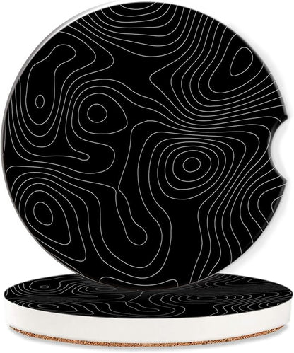 Car Coasters Topographic Cup Holder,Black Contour Map Cute Coasters,2 Pack Anti Slip Ceramic Car Cup Holder Accessories with Finger Notch for Women Men 2.56"