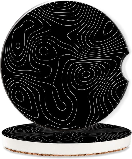 Car Coasters Topographic Cup Holder,Black Contour Map Cute Coasters,2 Pack Anti Slip Ceramic Car Cup Holder Accessories with Finger Notch for Women Men 2.56"