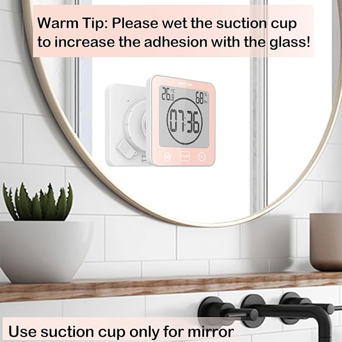 Waterproof Bathroom Wall Clock and Timer, Digital Water Resistant Hanging Timer for Shower, Large Display Kitchen Cooking Countdown Timers, Mirror Suction Clock with Temperature Humidity Meter (Pink)