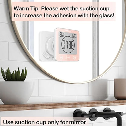 Waterproof Bathroom Wall Clock and Timer, Digital Water Resistant Hanging Timer for Shower, Large Display Kitchen Cooking Countdown Timers, Mirror Suction Clock with Temperature Humidity Meter (Pink)