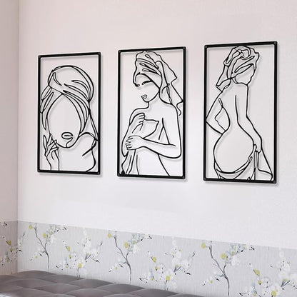 CHENGU 3 Pieces Metal Minimalist Abstract Woman Wall Art Line Drawing Wall Art Decor Single Line Female Home Hanging for Kitchen Bathroom Living Room