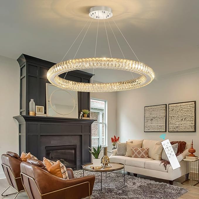Modern Ring Chandelier LED Dimmable Living Room Chanderliers Entryway High Ceiling Crystal Ring Pendant Lights for Dining Room Bedroom Silver Interior Light