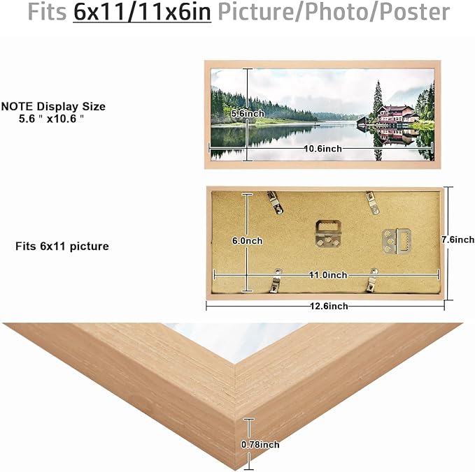 6x11 Frame Natural Woodgrain,Rustic 11x6 Picture Frame Beige, Art Pic Hanging Poster Frame, 6 by 11 Gallery Family Concert Portrait Photo Frame Horizontal Vertical Display Gift