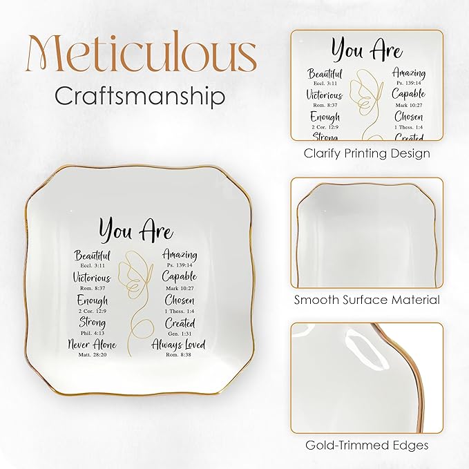 OASSIE Christmas Christian Gifts for Women Faith - 4"x4" Ceramic Jewelry Dish Tray - Christmas Inspirational Catholic Birthday Gifts for Women Friends, Wife Present Ideas, Trinket Dish Jewelry Tray