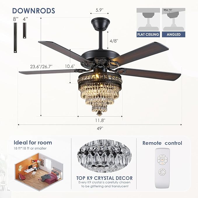 Asyko Crystal Ceiling Fan Fandelier with Lights - Modern Outdoor Fans with Remote Control，Noiseless AC Motor, Retro/Farmhouse Lighting, Dining Room， Living Room (52"