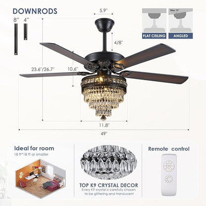 Asyko Crystal Ceiling Fan Fandelier with Lights - Modern Outdoor Fans with Remote Control，Noiseless AC Motor, Retro/Farmhouse Lighting, Dining Room， Living Room (52"