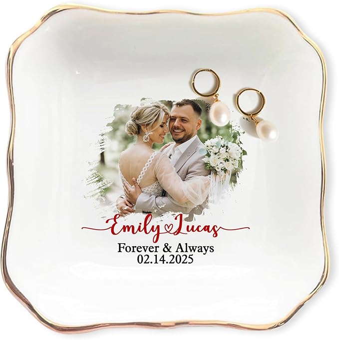 Personalized Photo Wedding Ring Dish Gifts for Couples, Married Jewelry Tray Ring Holder, Wedding Gifts for Women Newlywed Future Bride To be, Anniversary Engaged Gift for Mr Mrs Wife Husband