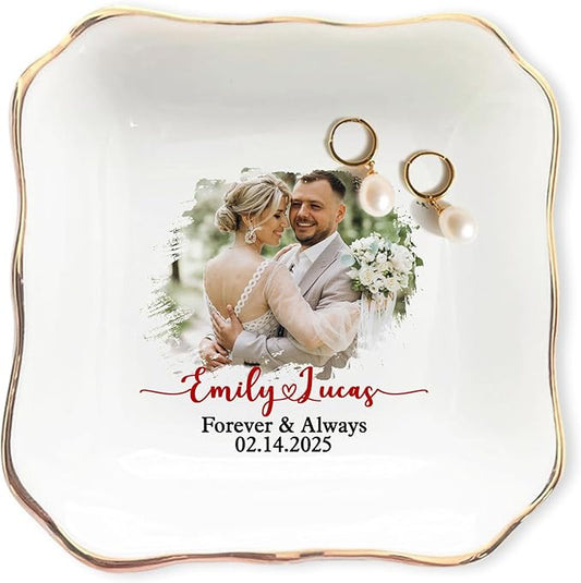 Personalized Photo Wedding Ring Dish Gifts for Couples, Married Jewelry Tray Ring Holder, Wedding Gifts for Women Newlywed Future Bride To be, Anniversary Engaged Gift for Mr Mrs Wife Husband