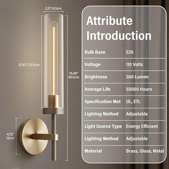 Brass Wall Sconces Set of Two 19.48'' Knurled Texture Wall Light Fixtures, Bathroom Vanity Light Fixtures with Clear Glass, Modern Wall Lamp for Bathroom Living Room Hallway (Bulb Included)
