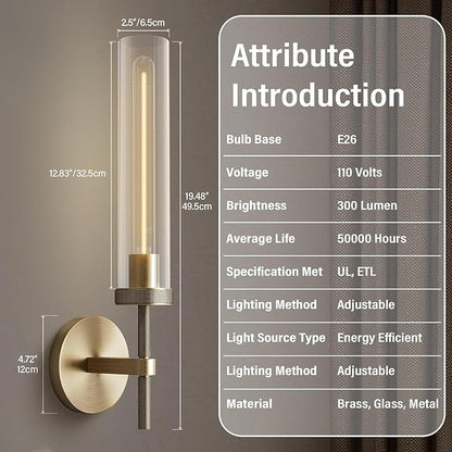 Brass Wall Sconces Set of Two 19.48'' Knurled Texture Wall Light Fixtures, Bathroom Vanity Light Fixtures with Clear Glass, Modern Wall Lamp for Bathroom Living Room Hallway (Bulb Included)