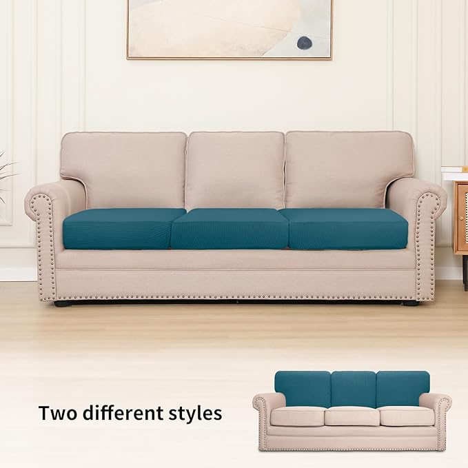 Easy-Going Stretch Individual Chair Couch Cushion Cover Sofa Cushion Furniture Protector Sofa slipcover Soft Flexibility with Elastic Bottom (3-Piece Sofa Cushion Cover, Peacock Blue)
