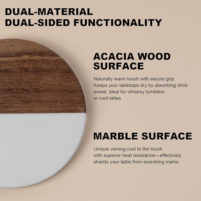 Marble Coasters: 4-Piece Set of Acacia Wood Marble Coasters, Suitable for Kitchens, Offices, and can be Used as Gifts (Round White)