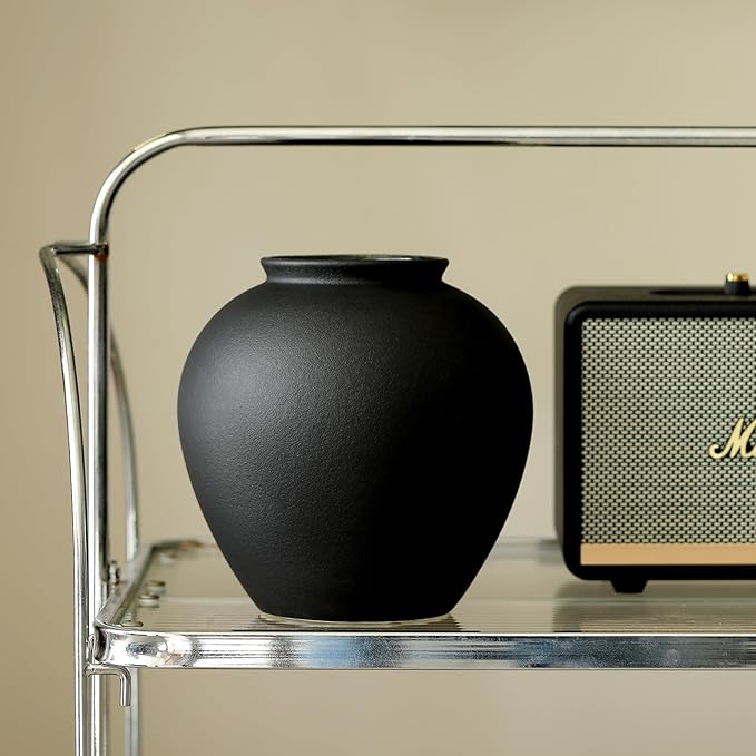 Large Black Ceramic Flower Vase,Decorative Jar Flower Vase, Decorative Jar Modern Centerpiece Table Decorations,Rustic Ceramic vases for Home Decor Dining Room (Black, 0617)