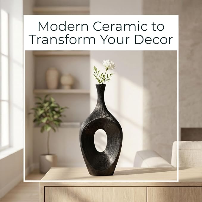 Decorative Flower Vase for Home Decor – Tall Ceramic Vase with Open Cut Design, Stylish Table Centerpiece for Living Room or Entry Display, Modern Accent for Faux Flowers and Greenery – 19", Black