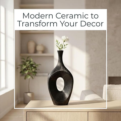 Decorative Flower Vase for Home Decor – Tall Ceramic Vase with Open Cut Design, Stylish Table Centerpiece for Living Room or Entry Display, Modern Accent for Faux Flowers and Greenery – 19", Black