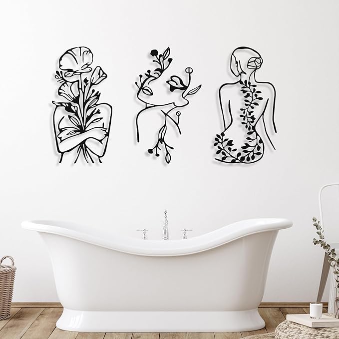 Photect 3 Pcs Metal Wall Art Decor Minimalist Abstract Woman Wall Art Metal Modern Line Drawing Decor Female Single Line Home Hanging for Bedroom Bathroom Living Room Christmas Housewarming(Plant)