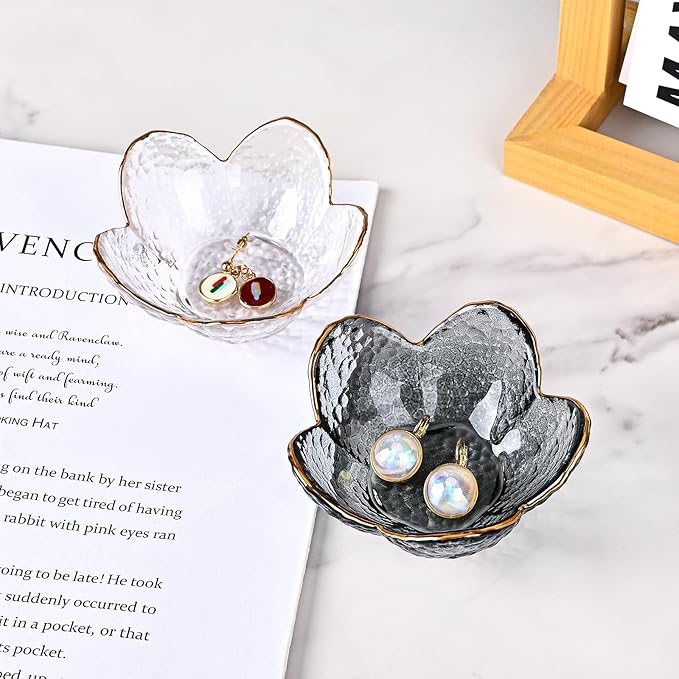 Koythin 3-Piece Glass Jewelry Tray, Small Trinket Holder for Necklace Bracelet Earring, Ring Holder for Bathroom, Aesthetic Trinket Dish, Flower Nightstand Decor for Girl Mom Women (Grey)