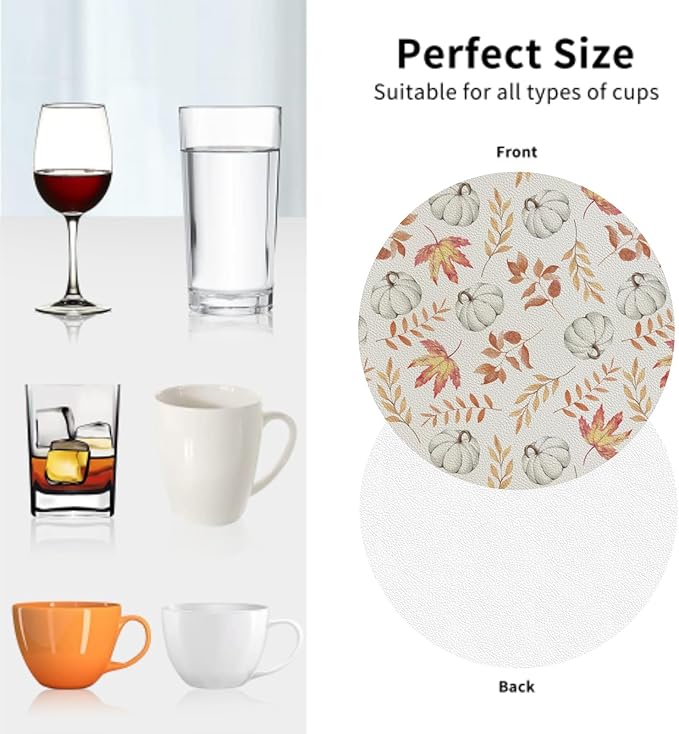 Fall Pumpkin and Leaves Coaster Set of 4 Autumn Cup Coasters for Drinks Thanksgiving Waterproof Wipeable PVC Round Coasters Mat for Coffee Beer Wine Outdoor Patio Table Bar Desk Seasonal Desk Decor