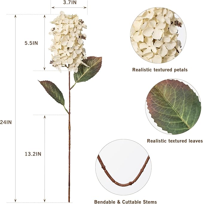 Hydrangea Artificial Flowers,Fall Hydrangeas Artificial Flowers, Fake Fall Dried Hydrangea Decoration,Faux Silk Flower with Stems Winter Decor Without Vase（Cream White 8PCS
