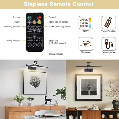 Battery Operated Picture Light with Remote 16” Black Art Light for Painting Dimmable & Timer Wireless Gallery Lights 3CCT Frame lighting Rechargeable Wall Lights for Artwork Potrait Dartboard