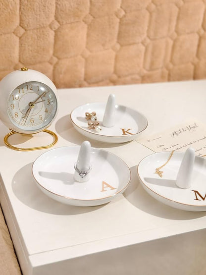 Ceramic Initials Jewelry Tray Ring Dish With Personalized A-Monogrammed Engagement Wedding Gifts, for Birthday Mother's Day for Women, Ceramic White 4.7" x2.4"