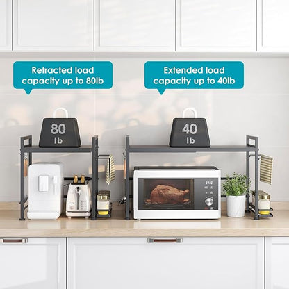 DOLALIKE Microwave Oven Rack, Expandable Microwave Stand Countertop Kitchen Utensils Tableware Storage, Carbon Steel Over Microwave Shelf Countertop with 6 Hooks