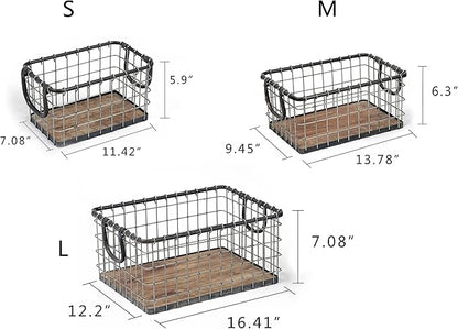 Set of 3 Rectangular Sturdy Hand Welded Farmhouse Metal Wire Basket with Rustic Wooden Bottom For Shelves, Closet Storage Bins for Shelves. Also For Laundry, Towel, Spice Rack, Tool Box (SET OF 3)