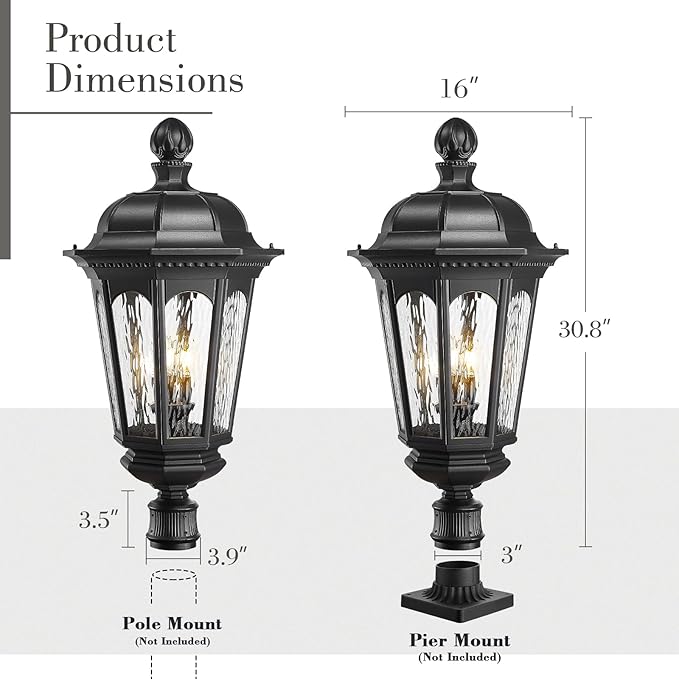 Emliviar Exterior 3-Light E12 Base Post Lamp Outdoor Light Fixture for Walkway, 30.8" Vintage Lamp Post Outdoor Lighting, Matte Black with Water Ripple Glass Shade, XE304P BK-SW
