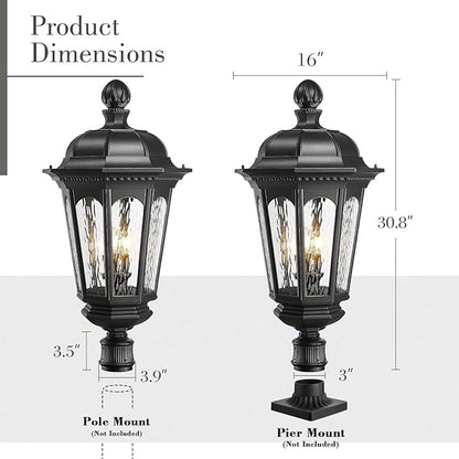 Emliviar Exterior 3-Light E12 Base Post Lamp Outdoor Light Fixture for Walkway, 30.8" Vintage Lamp Post Outdoor Lighting, Matte Black with Water Ripple Glass Shade, XE304P BK-SW