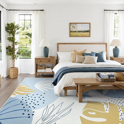 Lahome 9x12 Rugs for Living Room, Washable Non-Slip Ultra-Thin Larege Area Rug for Dining Room Table, Boho Botanical Print Indoor Soft Carpet for Bedroom Office, Blue