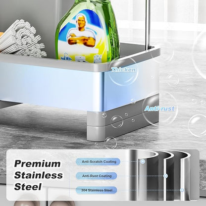 Stainless Steel Sink Caddy, Sponge Holder for Kitchen Sink with Brush Holder & Dishcloth Rack, Rustproof Sink Organizer Countertop, Kitchen Organizers Storage Essentials (F-Gray)