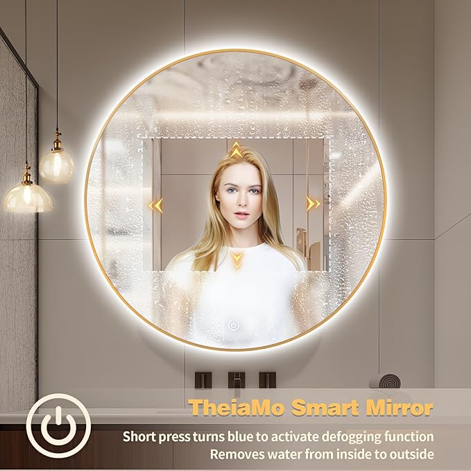 48" Round LED Bathroom Mirror, Wall Mounted Round Backlit Mirror LED Bathroom Vanity Mirror with Lights Fog Free Circle Lighted Mirror with Gold Frame, Smart Light up Mirror 3-Color