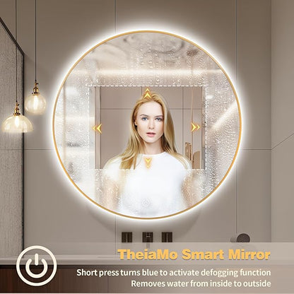 48" Round LED Bathroom Mirror, Wall Mounted Round Backlit Mirror LED Bathroom Vanity Mirror with Lights Fog Free Circle Lighted Mirror with Gold Frame, Smart Light up Mirror 3-Color