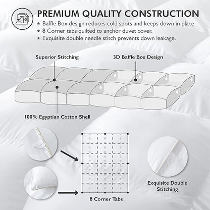 Luxurious Palatial King/Super King 120" x 98" Size Goose Down Fiber Waterfowl Feather Fiber Comforter Duvet, 100% Egyptian Cotton Cover, 80 oz. Fill Weight, Baffle Box Design, White Solid