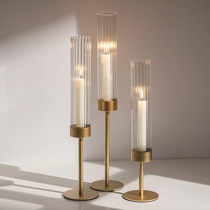 Gold Hurricane Taper Candle Holders: Glasseam 3Pcs Brass Candlestick Holders with Ribbed Glass Cylinder Cover Fluted Tall Candle Sticks Holder Decor for Table Centerpiece Wedding Christmas Decorations