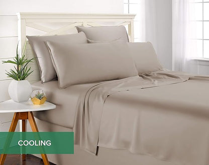 Pure Bamboo Split King Sheets, Genuine 100% Organic Viscose Derived from Bamboo Bed Sheet Set, Soft & Cooling, Double Stitching, 2 Fitted Sheets (Split King, Sand)
