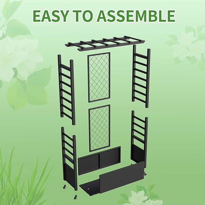 Raised Garden Bed with Trellis & Hanging Roof, Weatherproof Metal Planter Box with Wheels, Garden Arch Trellis for Outdoor Climbing Plants Vines Flowers, 74" H x 44" L x 17" W, Black