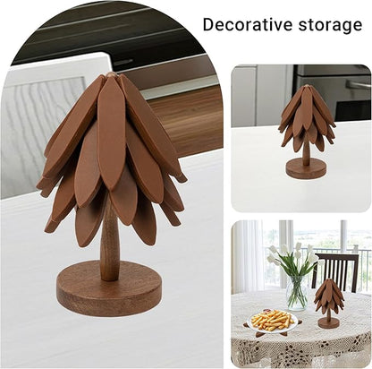 Silicone Trivets Mat Set for Hot Dishes - Tree Trivets with Stand - Hot Pads Pot Holders for Kitchen (Brown)