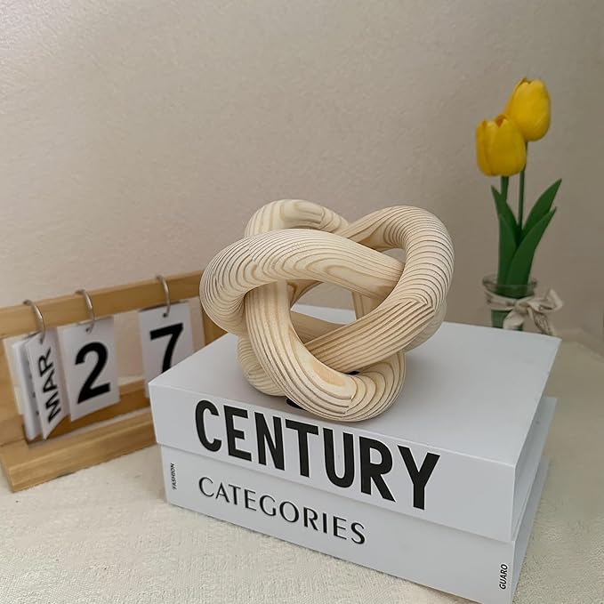 3-Link Wood Knot Chain Link Coffee Table Decor Boho Natural Wooden Knot Hand Carved Decorative for Modern Farmhouse Home Living Room Bedroom Shelf Decoration (Natural)