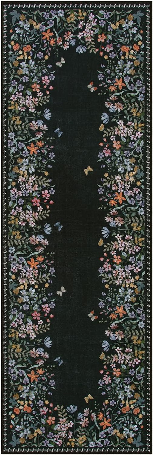Lahome Boho Floral 2x6 Black Bathroom Runner Rugs Non Skid Washable, Rug Runners for Hallways Non Slip Kitchen Carpet Runner, Soft Runners for Entryway Laundry Bedroom(2x6ft,Black)