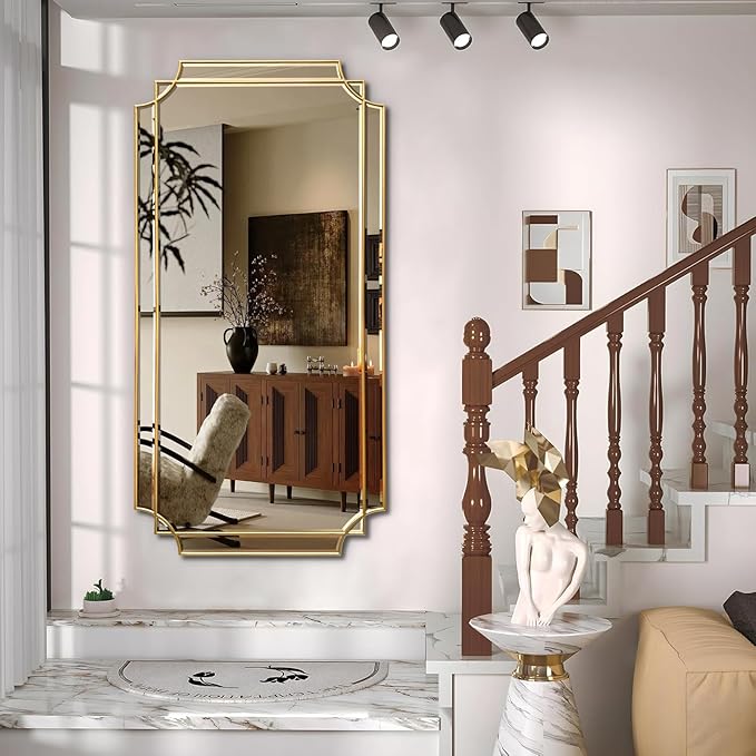 Gold Full Length Mirror for Wall, 59" x30" Wooden Framed, Polished Bevelled Rectangle Mirror, Art Decorative Mirrors for Wall Decor, Irregular Mirrors for Living Room, Bathroom, Entryway