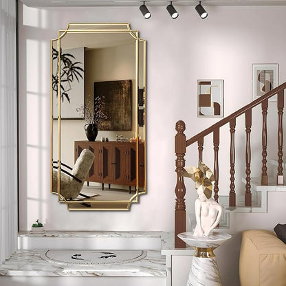 Gold Full Length Mirror for Wall, 59" x30" Wooden Framed, Polished Bevelled Rectangle Mirror, Art Decorative Mirrors for Wall Decor, Irregular Mirrors for Living Room, Bathroom, Entryway