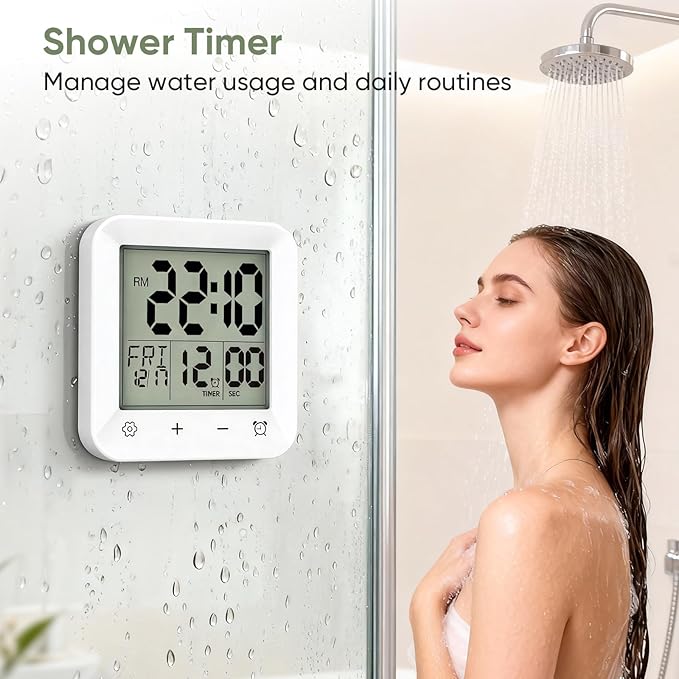 Bathroom Clock Waterproof Shower Timer, Digital Wall Clock with Countdown, Touch Screen, LCD Display, Temperature, Suction Cup/Hanging Hole/Stand, Spa Sauna, Kids and Adults I White