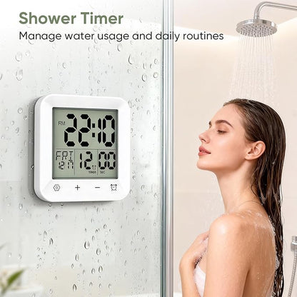 Bathroom Clock Waterproof Shower Timer, Digital Wall Clock with Countdown, Touch Screen, LCD Display, Temperature, Suction Cup/Hanging Hole/Stand, Spa Sauna, Kids and Adults I White