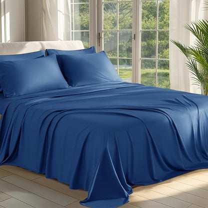 Shilucheng 100% Viscose Derived from Bamboo_ Sheets Queen Size 6pcs - Ultra Cooling & Silky Soft Bed Sheets, 16" Deep Pocket, Perfect for Hot Sleepers, Hotel Bedding Sheets (Navy Blue)