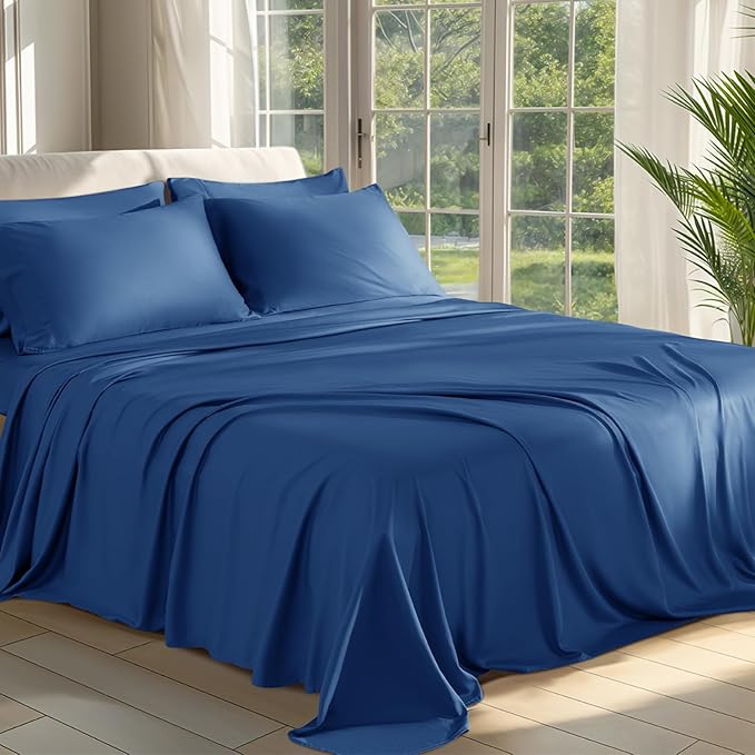 Shilucheng 100% Viscose Derived from Bamboo_ Sheets Full Size 6pcs - Ultra Cooling & Silky Soft Bed Sheets, 16" Deep Pocket, Perfect for Hot Sleepers, Hotel Bedding Sheets (Navy Blue)