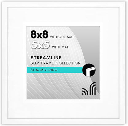 Americanflat 8x8 Picture Frame with Shatter-Resistant Glass - Use as 5x5 Frame with Mat or Display 8x8 Photo Without Mat - Streamline Collection - Square Frames for Tabletop or Wall - White