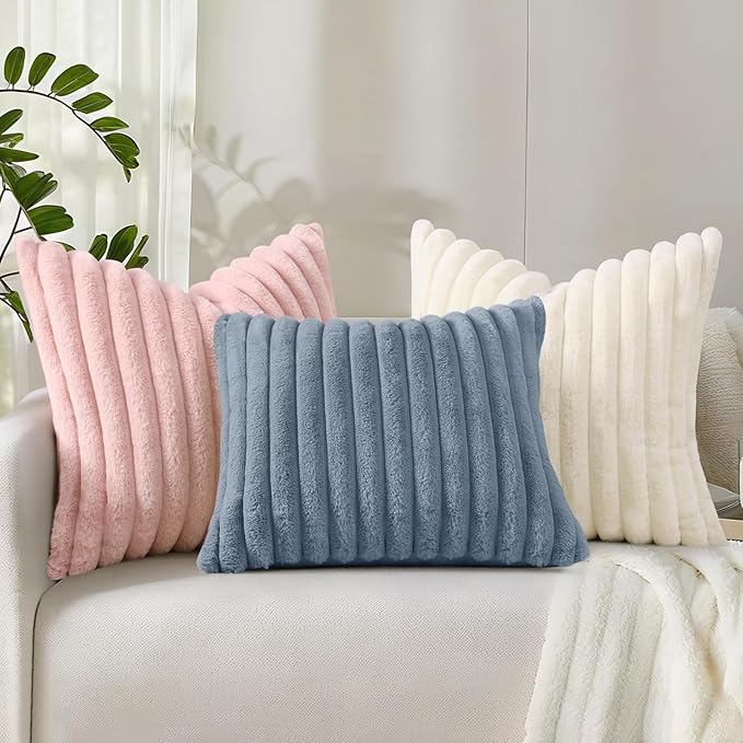 decorUhome Faux Fur Spring Throw Pillow Covers 18x18 Set of 2, Decorative Soft Plush Striped Neutral Couch Pillow Covers with Velvet Back for Sofa, Bed, Living Room Home, Grey Blue